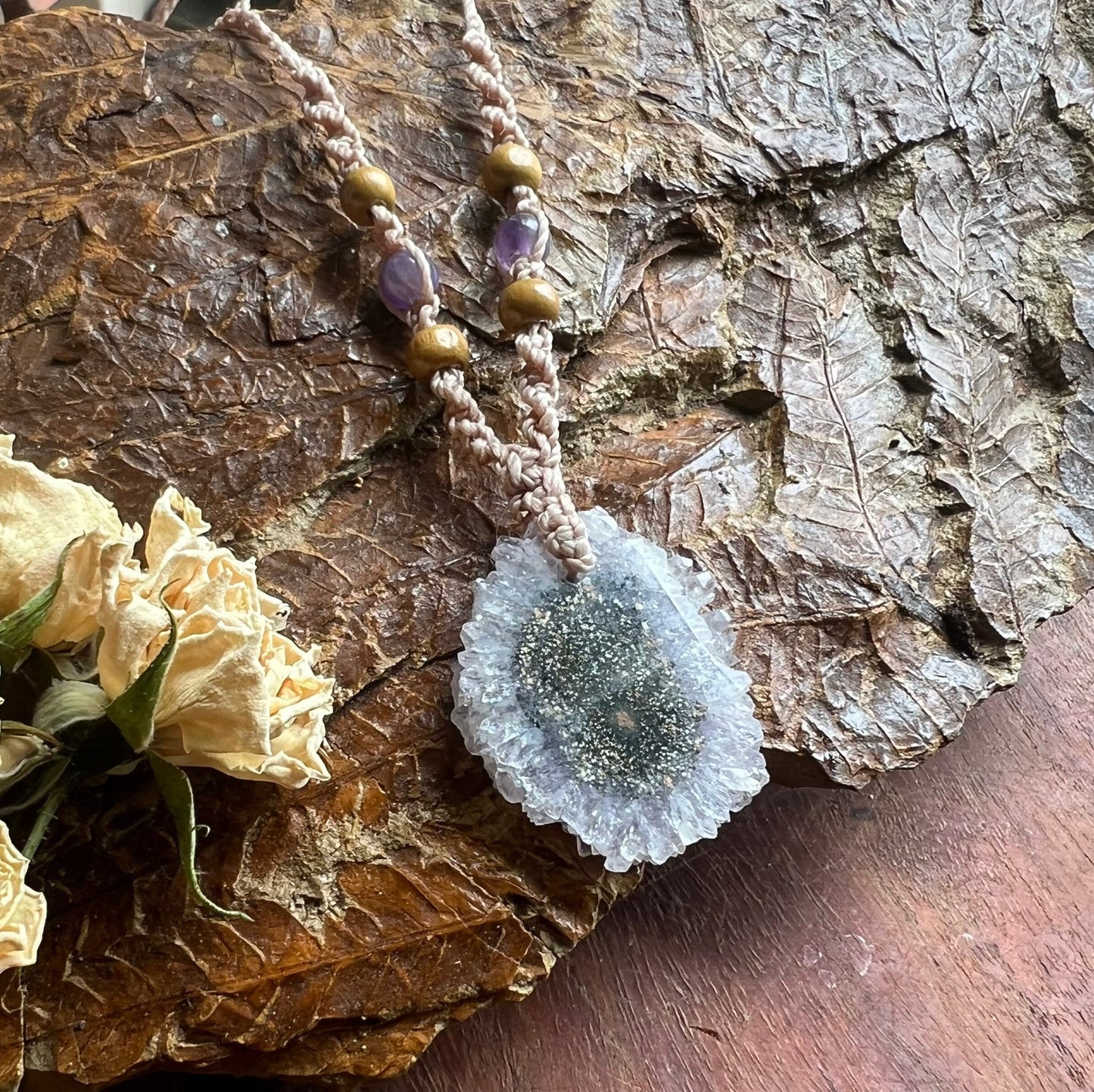 Amethyst Stalactite Slice Macrame Necklace