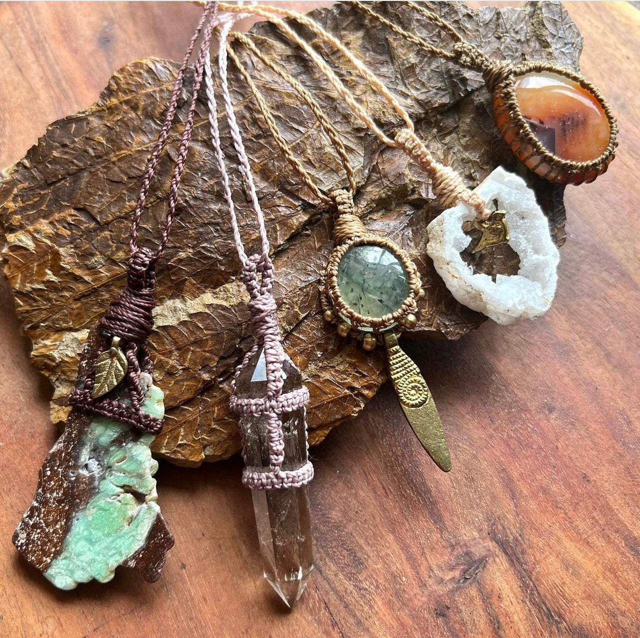 A selection of beautiful macrame necklaces created using different hand selectedgemstones
