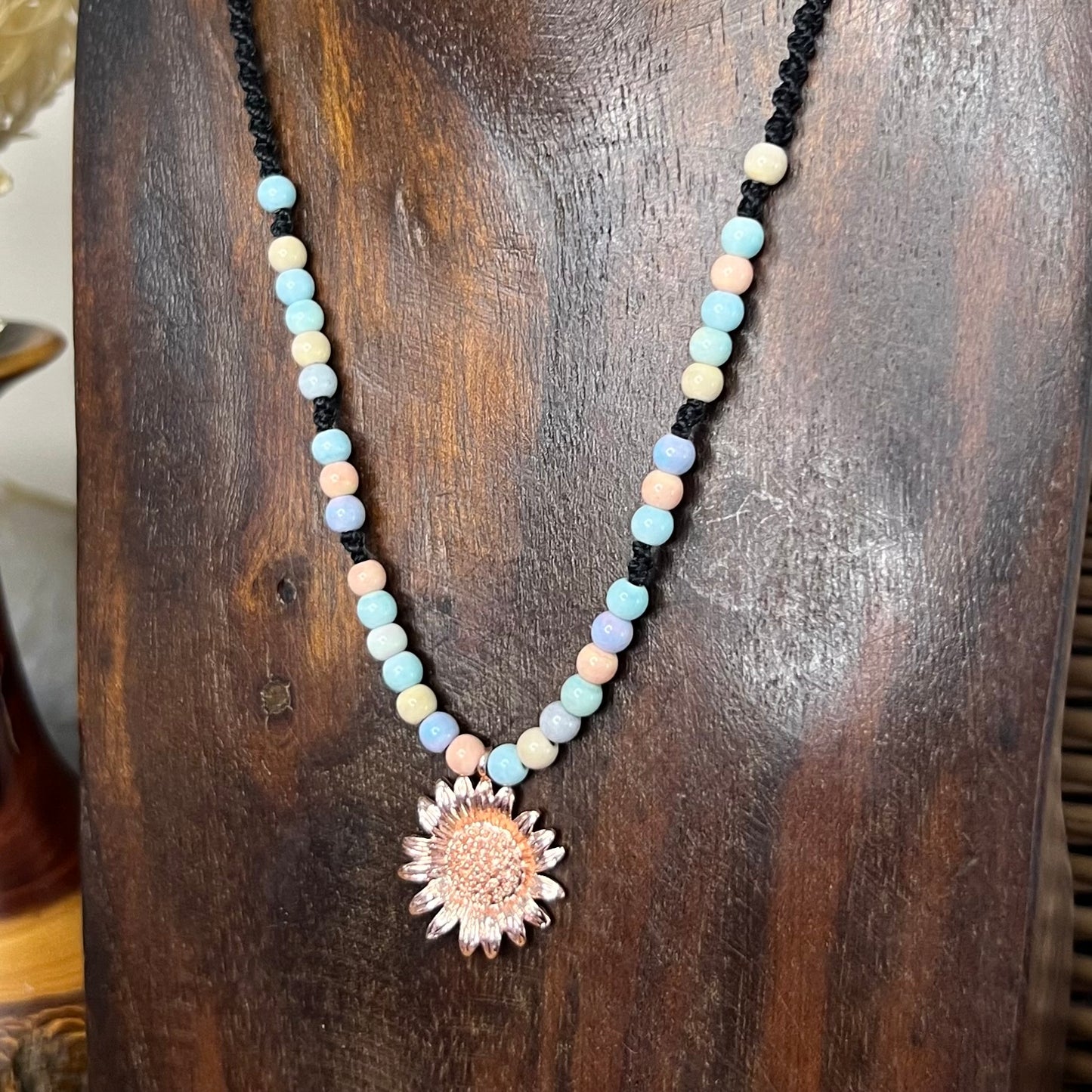 Alashan Agate with Rose Gold Sunflower charm Crystal Necklace