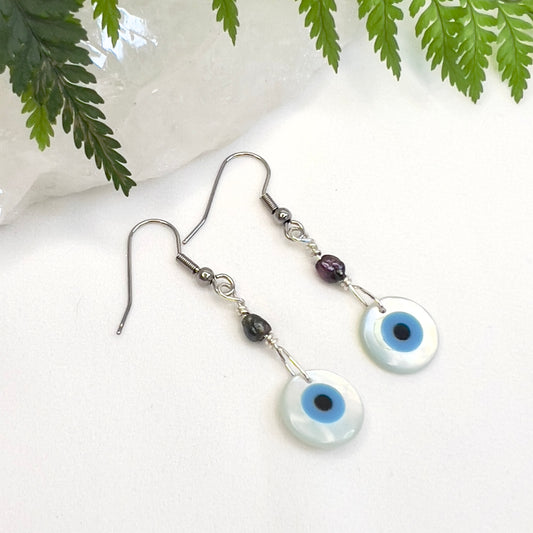 Mother of Pearl Evil eye & Vintage Black Pearl Earrings: Protection ∙ Divine Feminine ∙ Intuition