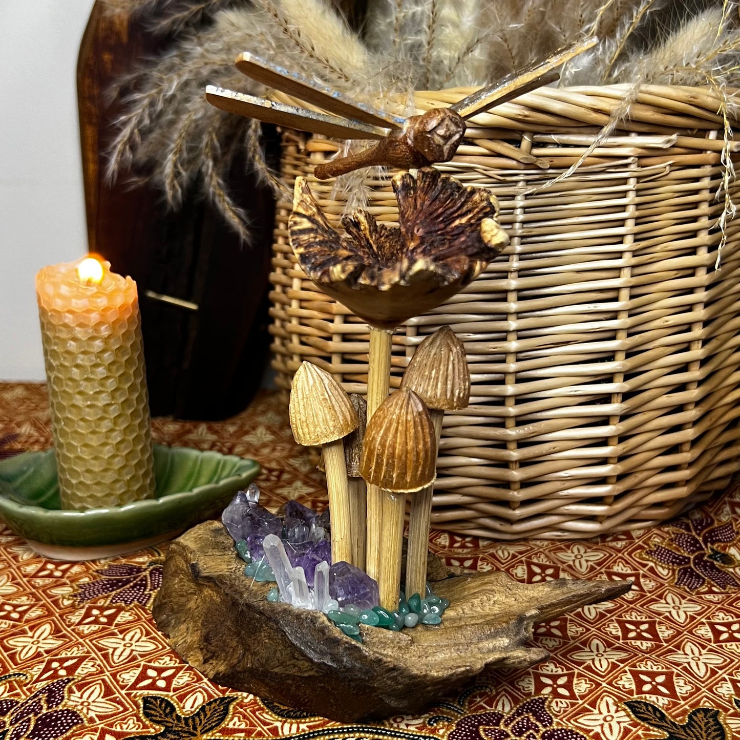 Bespoke Crystal & Wooden Burl Mushroom & Dragonfly Display - Amethyst | Quartz | Dyed Agate