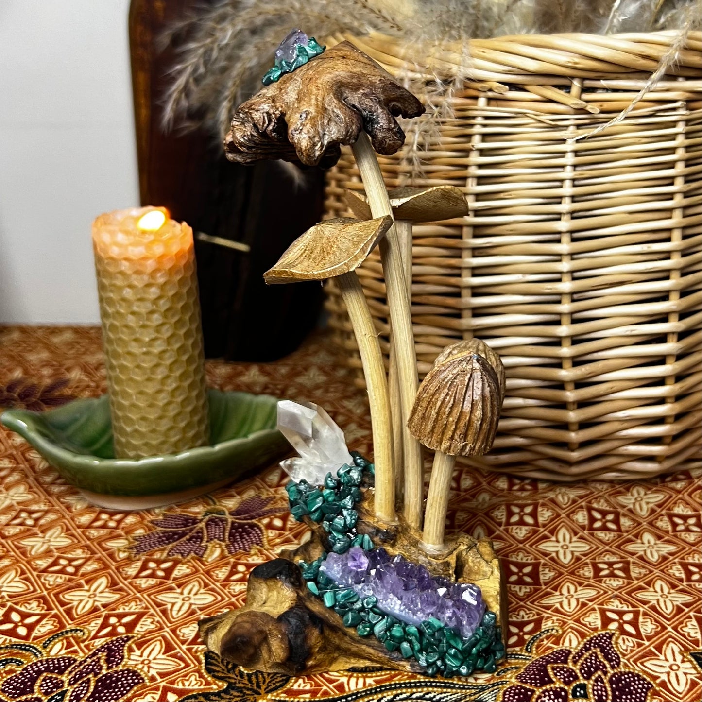 Bespoke Crystal & Wooden Burl Mushroom Display - Amethyst | Quartz | Malachite