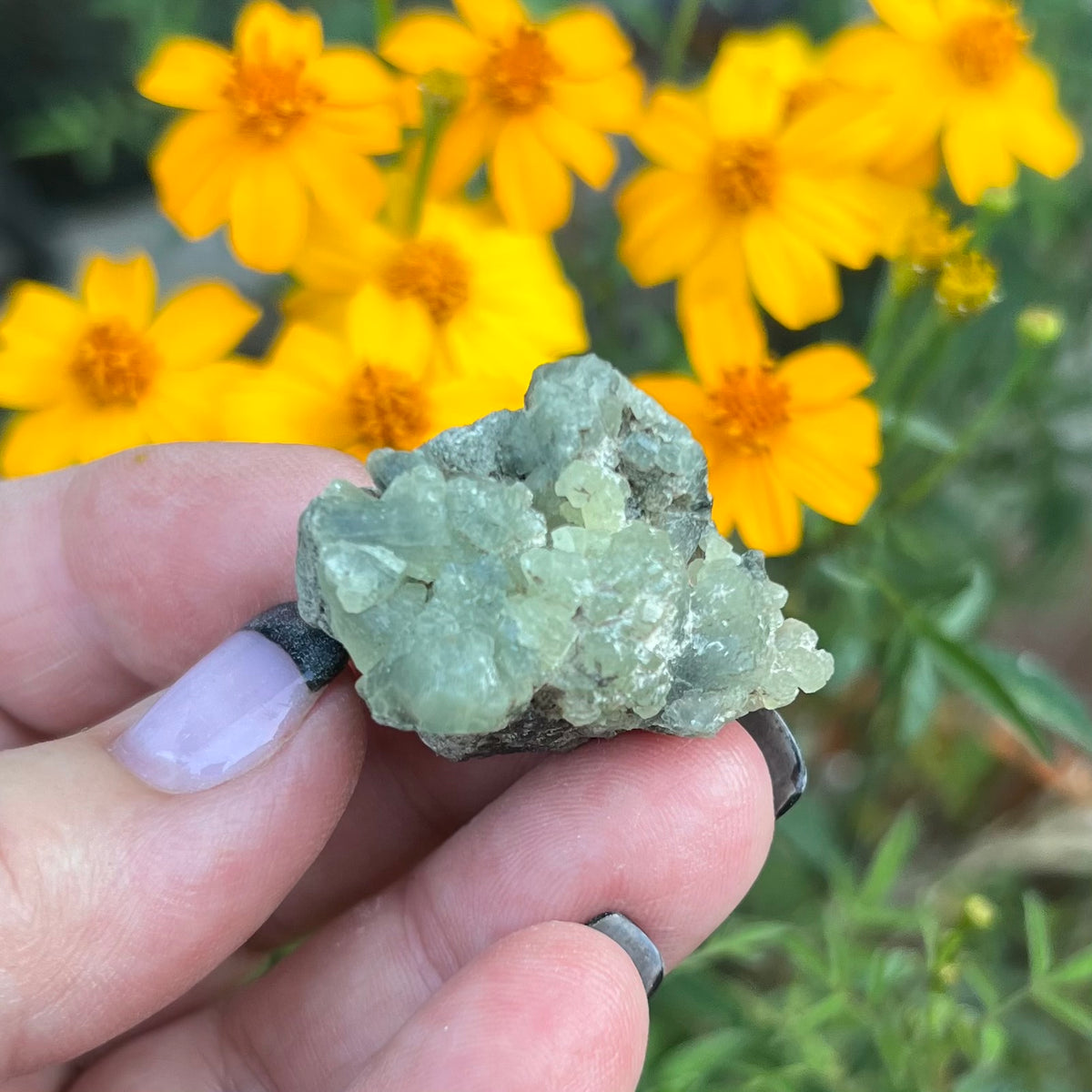 A small, natural specimen of aggregated, interlocked and semi-translucent Prehnite with distinct terminations.