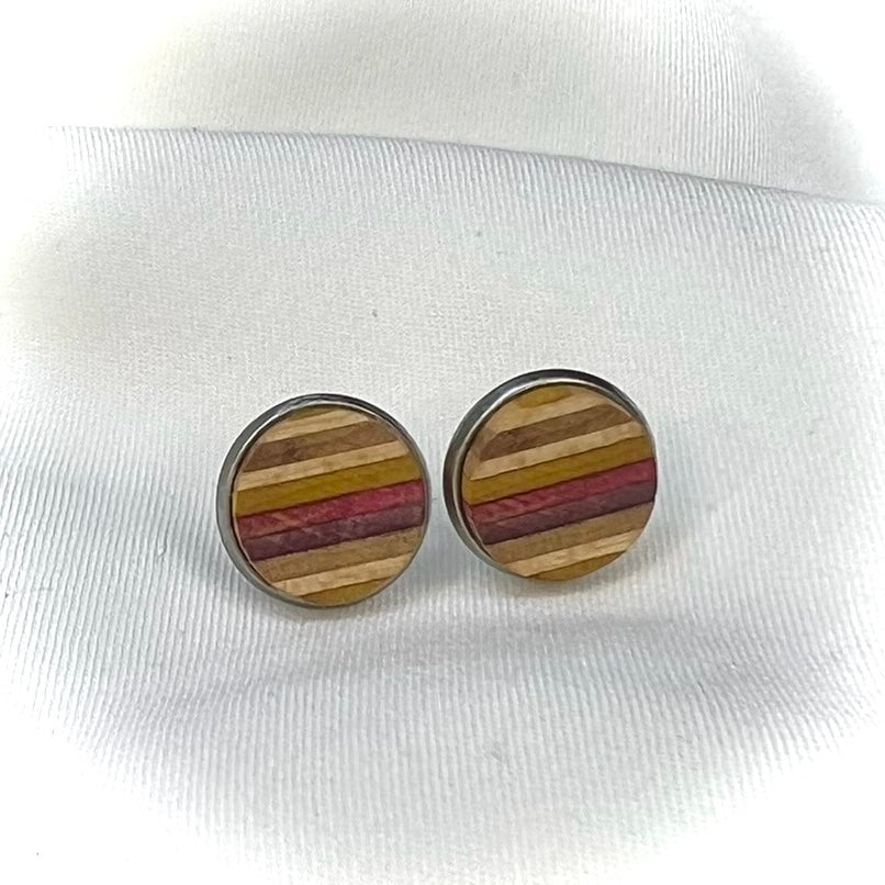 Upcycled Skateboard Timber Stud Earrings | Pink•Yellow•Purple•Wood | by Addy’s Earrings