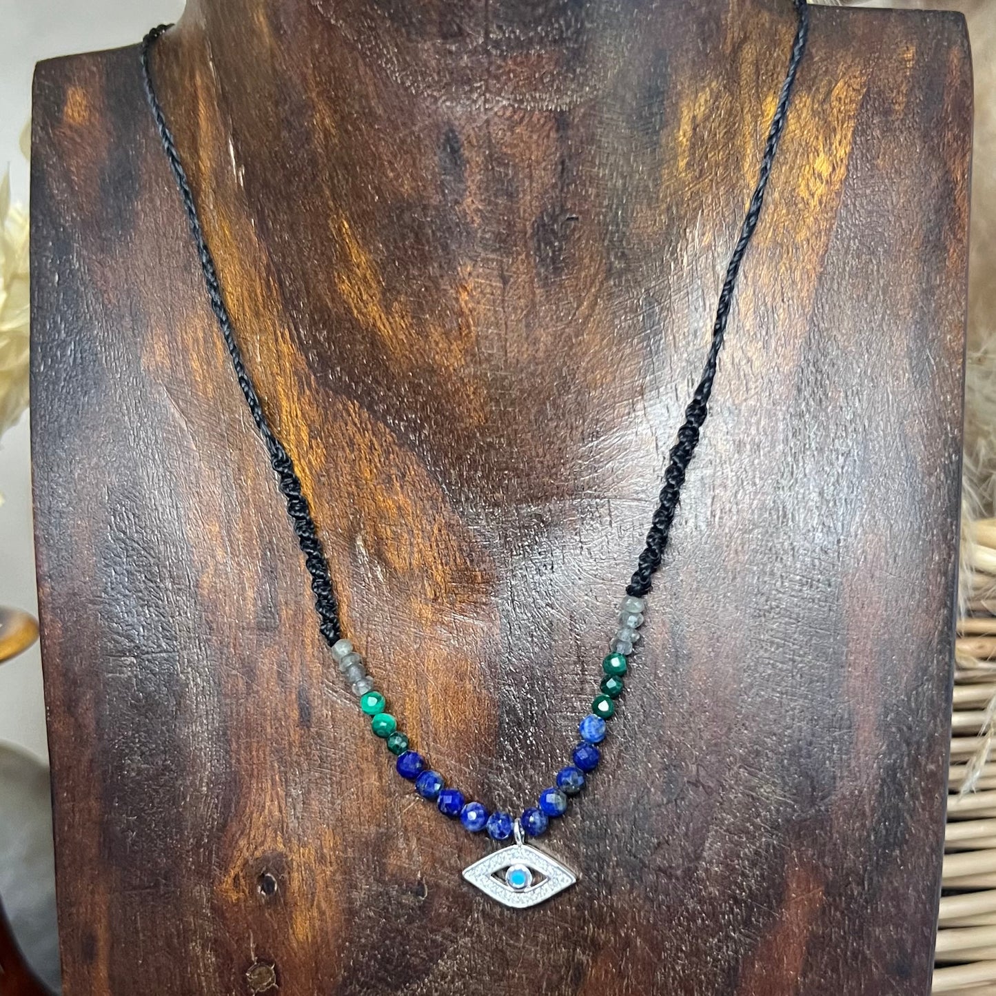 Silver CZ Evil Eye Talisman with Lapis, Malachite, Labradorite Crystal Necklace