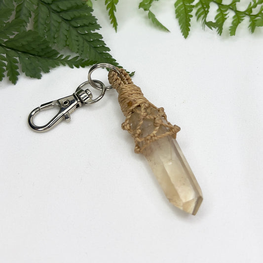 Tangerine Quartz Point Crystal Macrame Keyring Charm | Pet Collar Charm