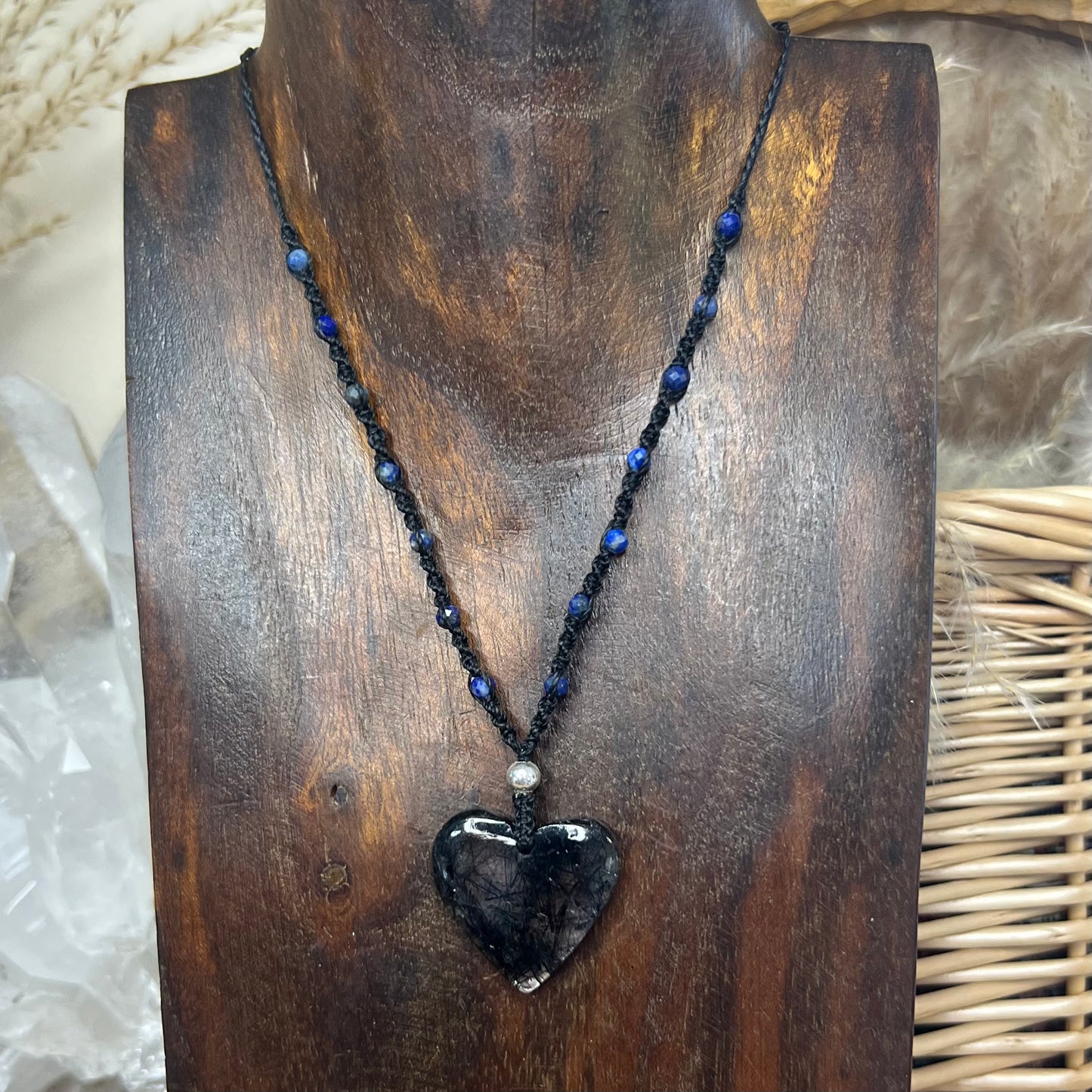 Tourmaline included Quartz Heart with Lapis Lazuli Crystal Macrame Necklace
