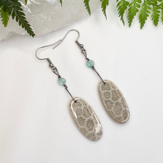 Fossilized Coral & Neon Apatite Earrings: Calm Protection ∙ Endurance ∙ Emotional Healing