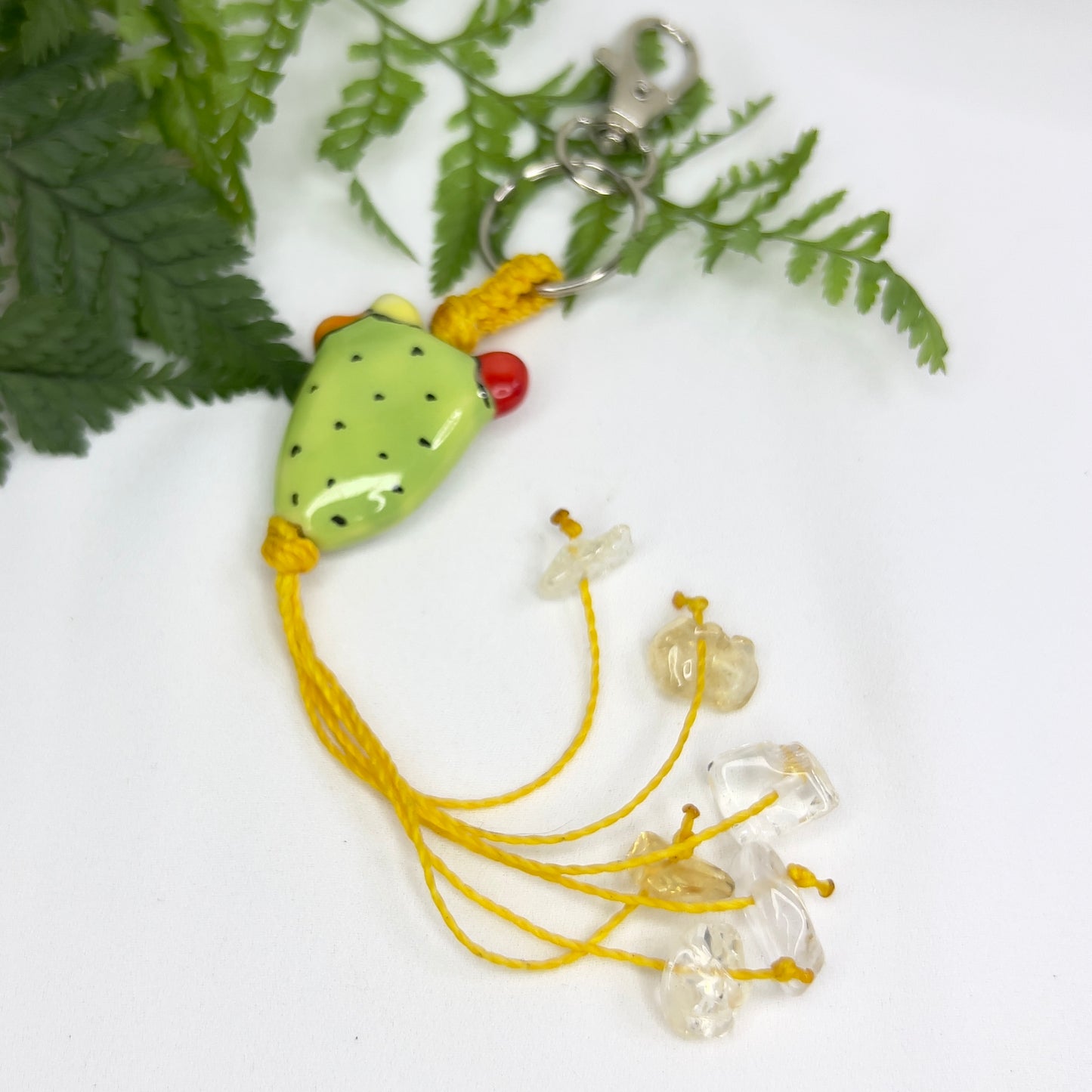 Ceramic Cactus & Crystal Macrame Keychain | Citrine Crystal Charm