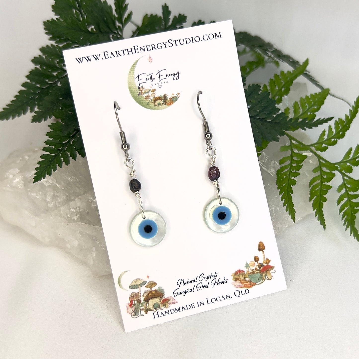 Mother of Pearl Evil eye & Vintage Black Pearl Earrings: Protection ∙ Divine Feminine ∙ Intuition