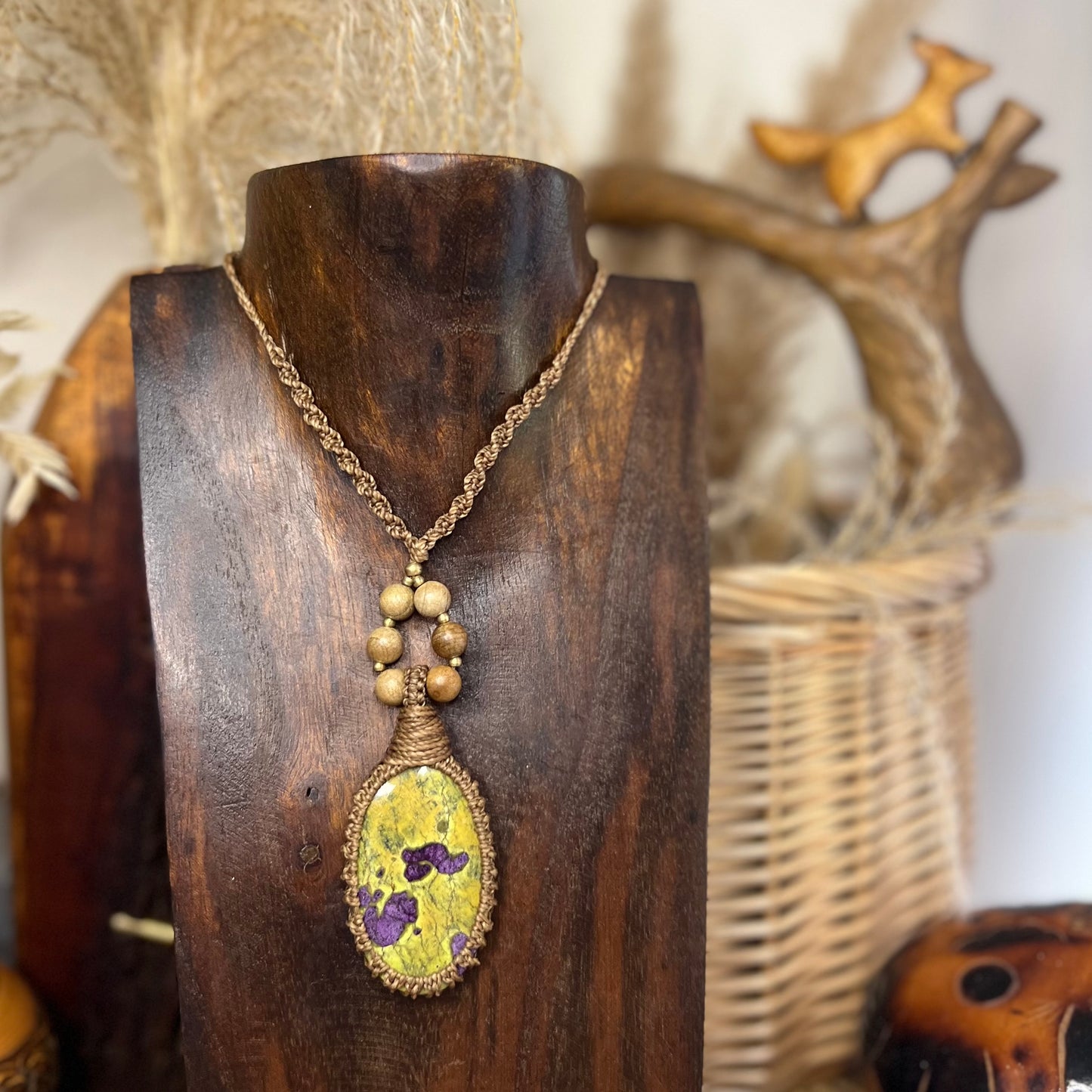 Tasmanian Atlantisite with Polished Wood & Brass Macrame Necklace