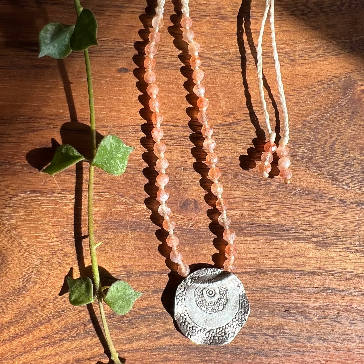 Faceted Sunstone beaded Macrame Necklace with Karen Hill Tribe Silver Tribal Pendant