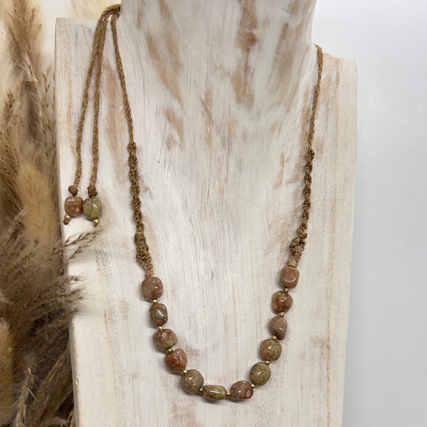 Unakite & Brass Panel Crystal Necklace