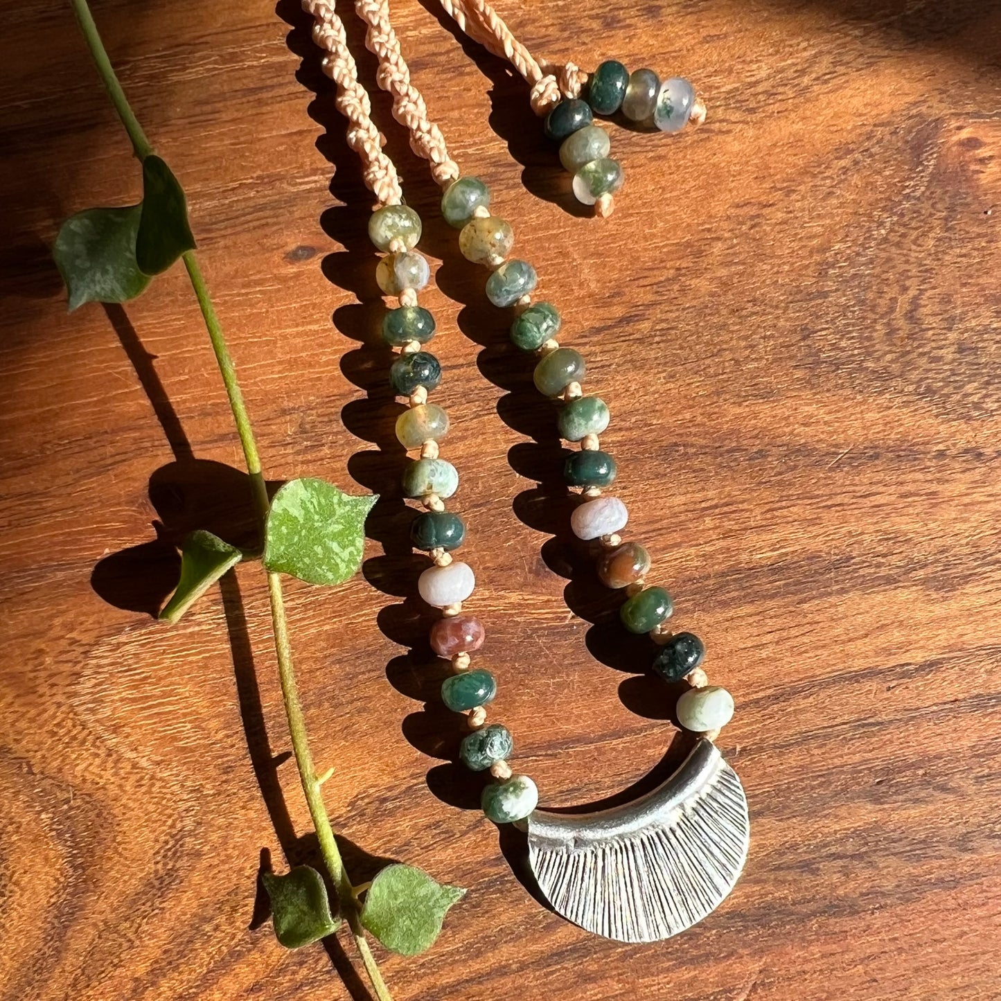 Moss Agate & Karen Hill Tribe Silver Pendant Macrame Necklace