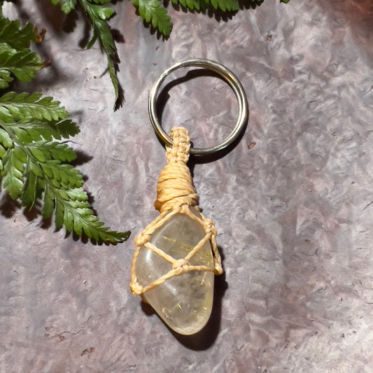 Golden Rutile Quartz Crystal Macrame Keyring Charm | Intention Setting ∙ Manifesting ∙ Connection