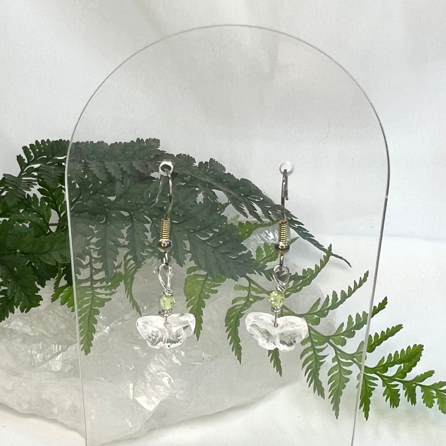 Clear Quartz Butterfly with Peridot Earrings: Clarity ∙ Balance ∙ Joy ∙ Positivity