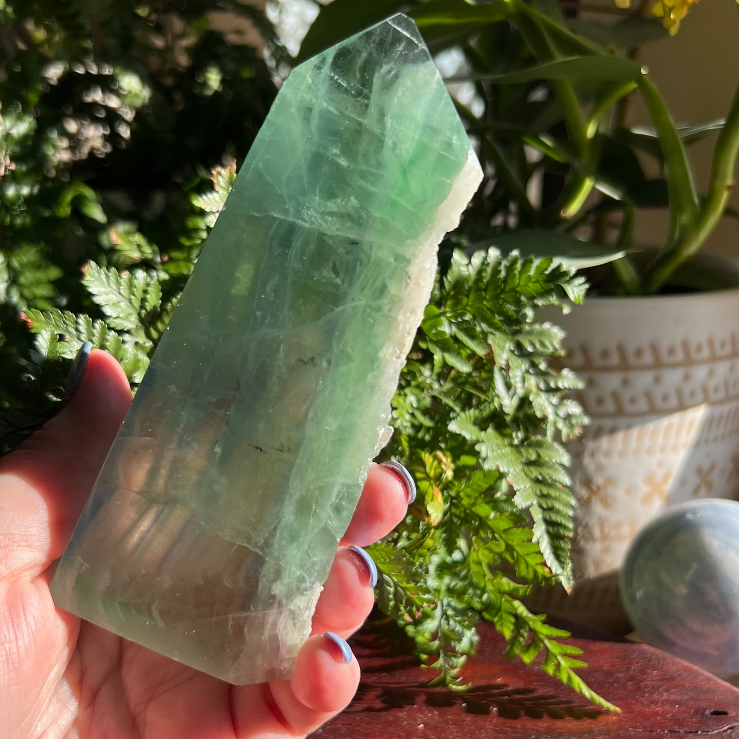 Green Fluorite Tower with raw crust