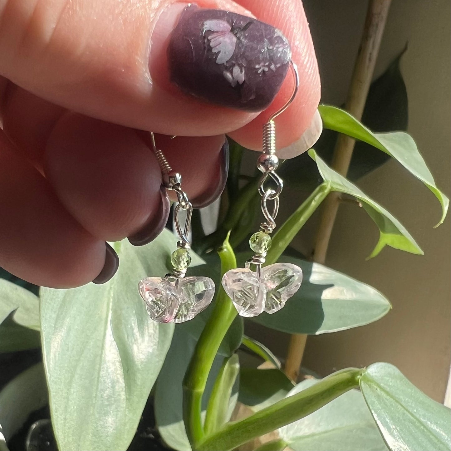 Clear Quartz Butterfly and Peridot Earrings