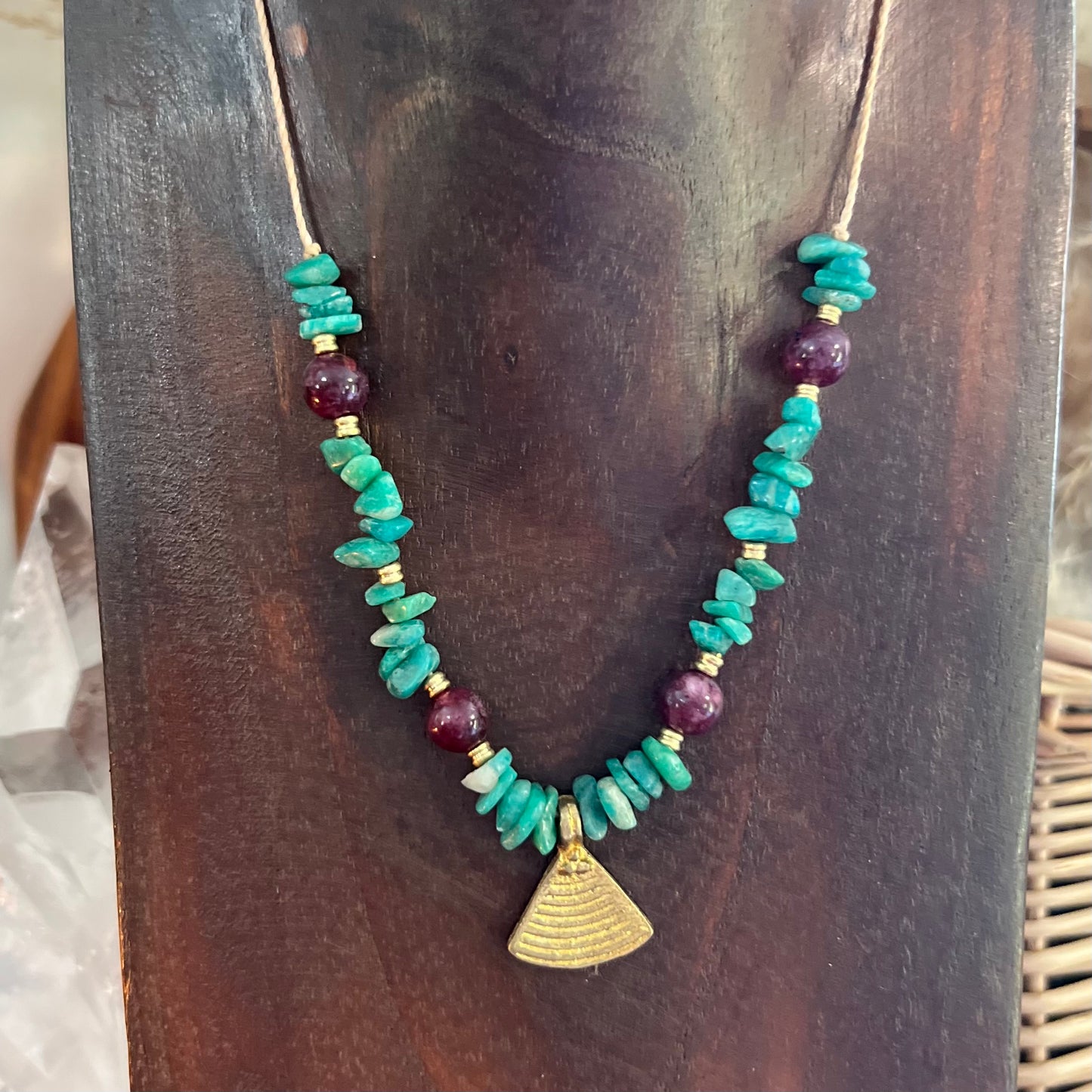 Amazonite & Dyed Agate with Brass charm Layer Crystal Necklace: