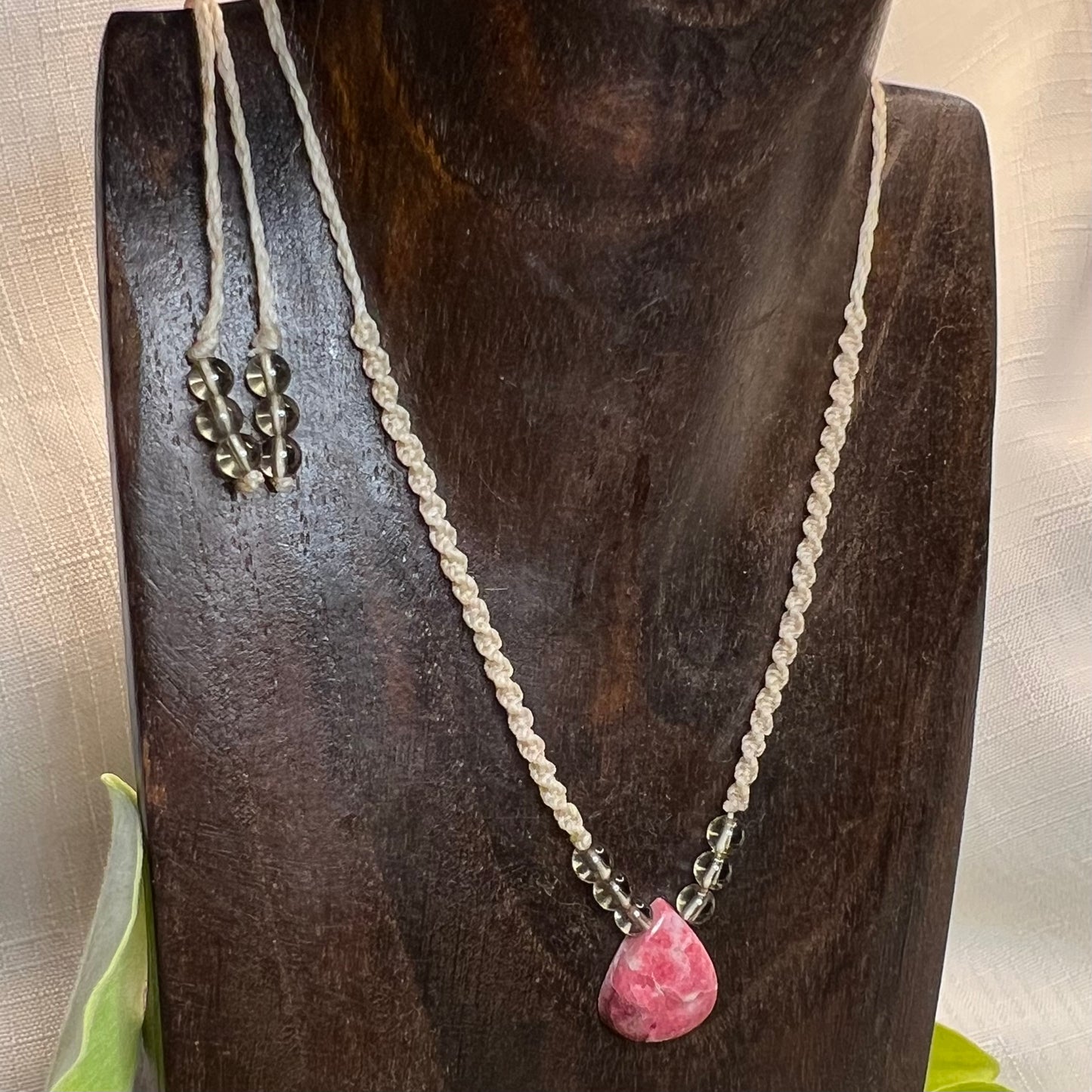 Thulite with Smoky Quartz Petite adjustable Macrame Necklace