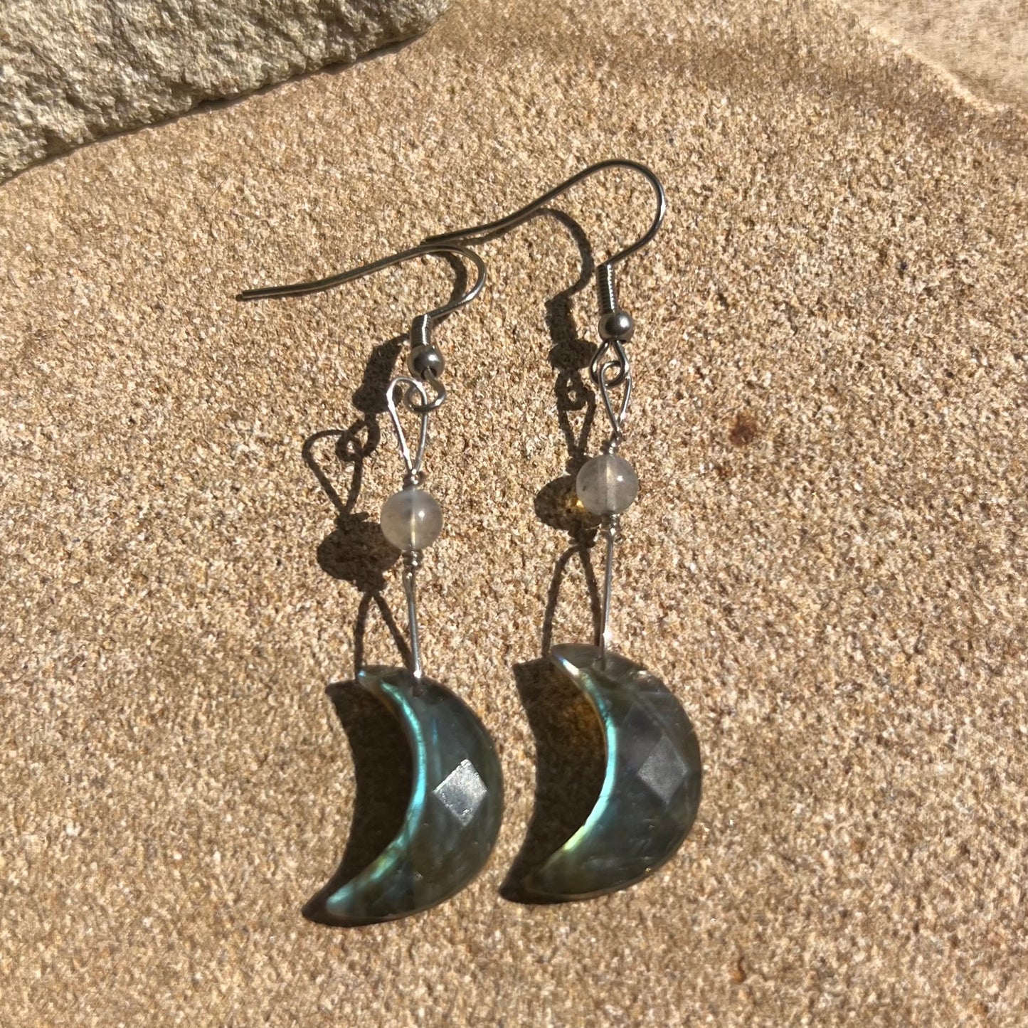 Flashy Labradorite Crescent Moon Crystal Earrings