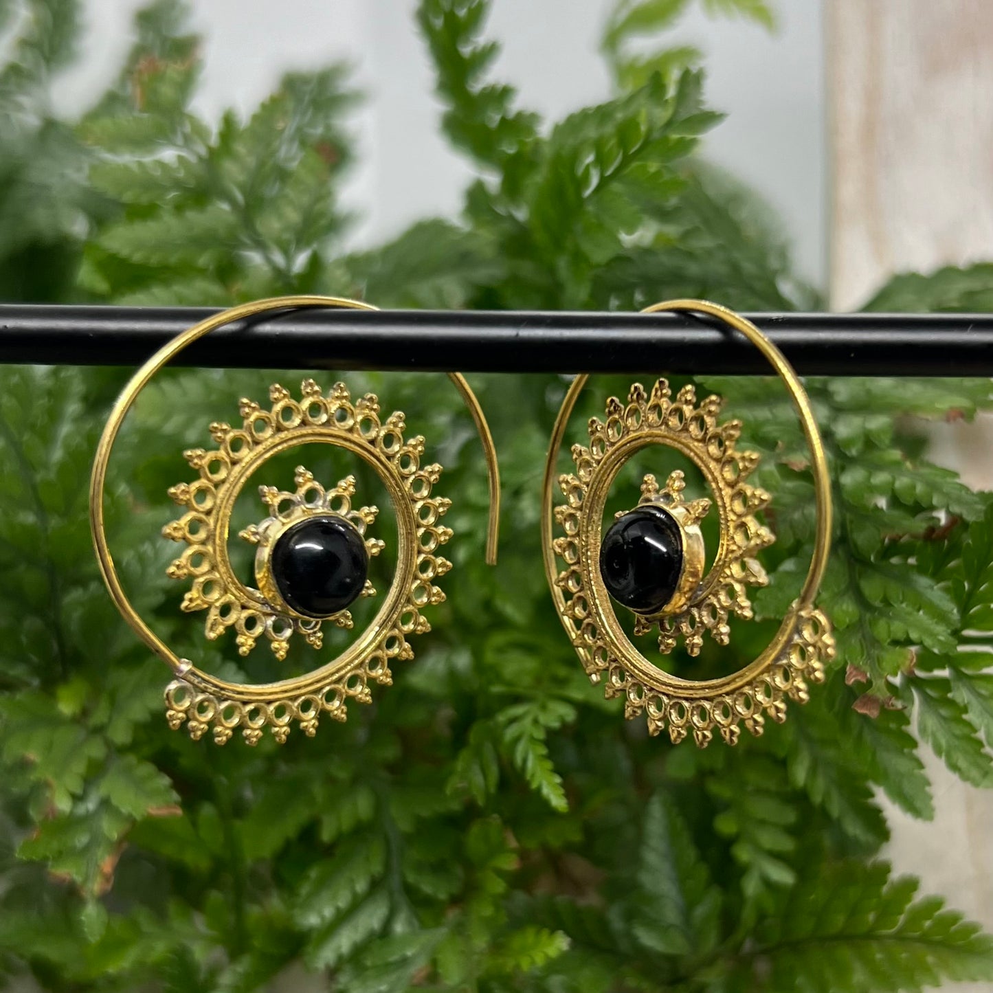 Mandala Spirals with Obsidian Boho Brass Earrings (ii)