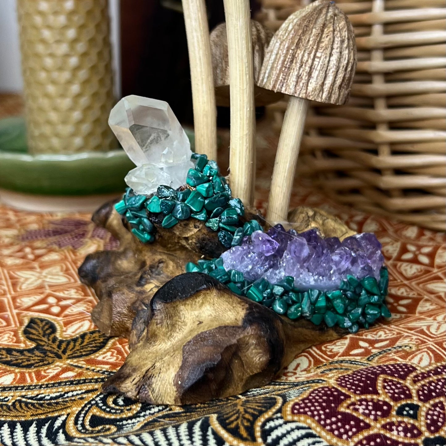 Bespoke Crystal & Wooden Burl Mushroom Display - Amethyst | Quartz | Malachite