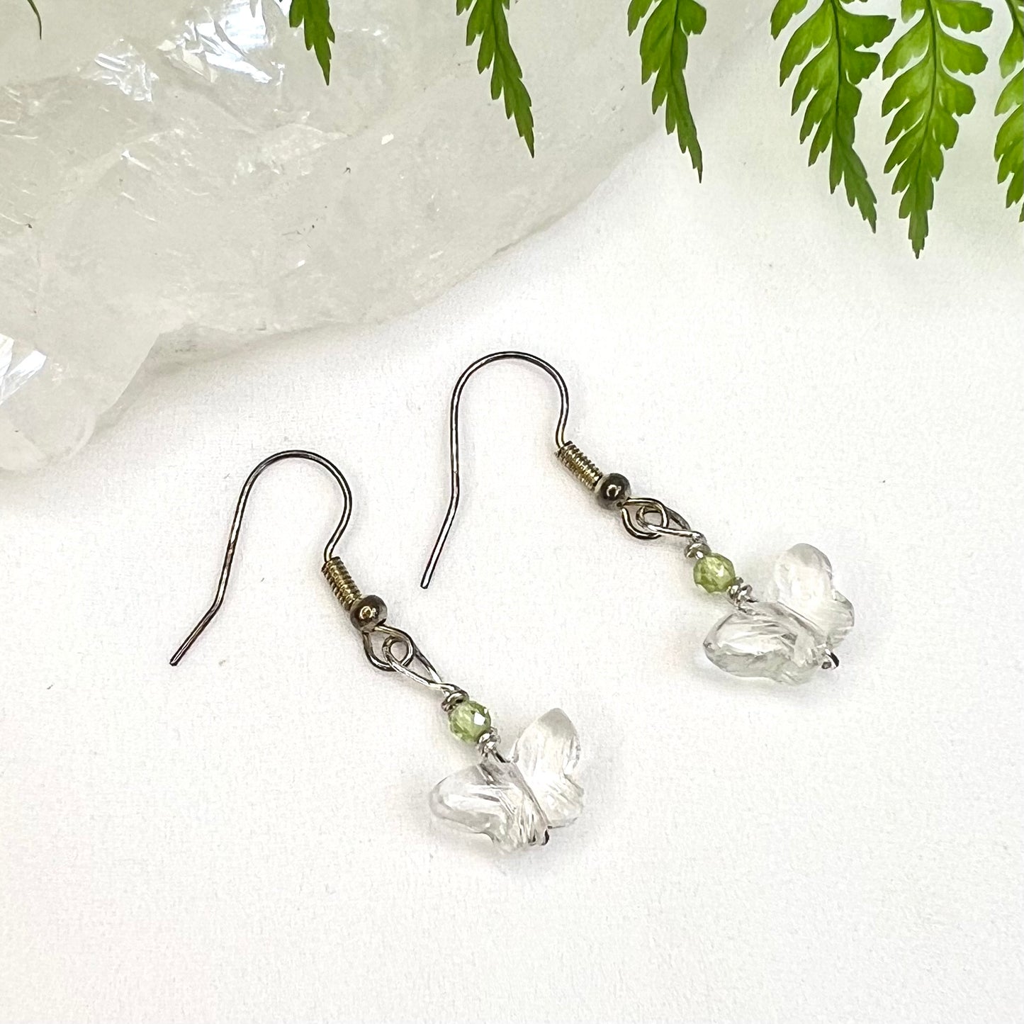 Clear Quartz Butterfly with Peridot Earrings: Clarity ∙ Balance ∙ Joy ∙ Positivity