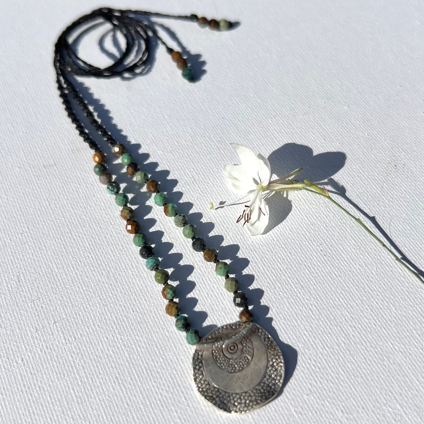 Faceted Turquoise beading with Karen Hill Tribe Silver Tribal Pendant Macrame Necklace