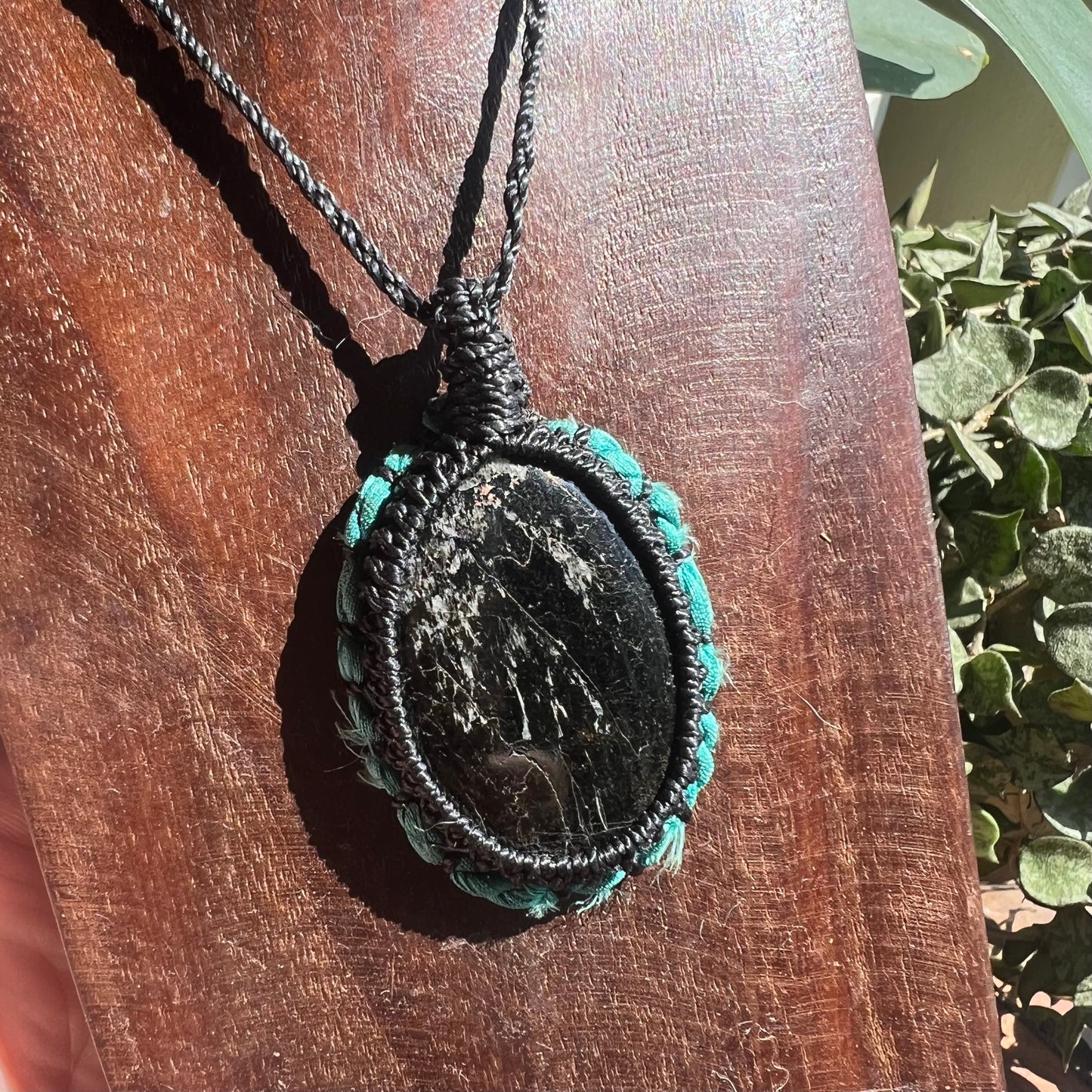 Black Tourmaline with Sari cord frame Macrame Necklace