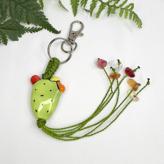 Ceramic Cactus & Crystal Macrame Keyring | Citrine, Carnelian & Coral Crystal Charm