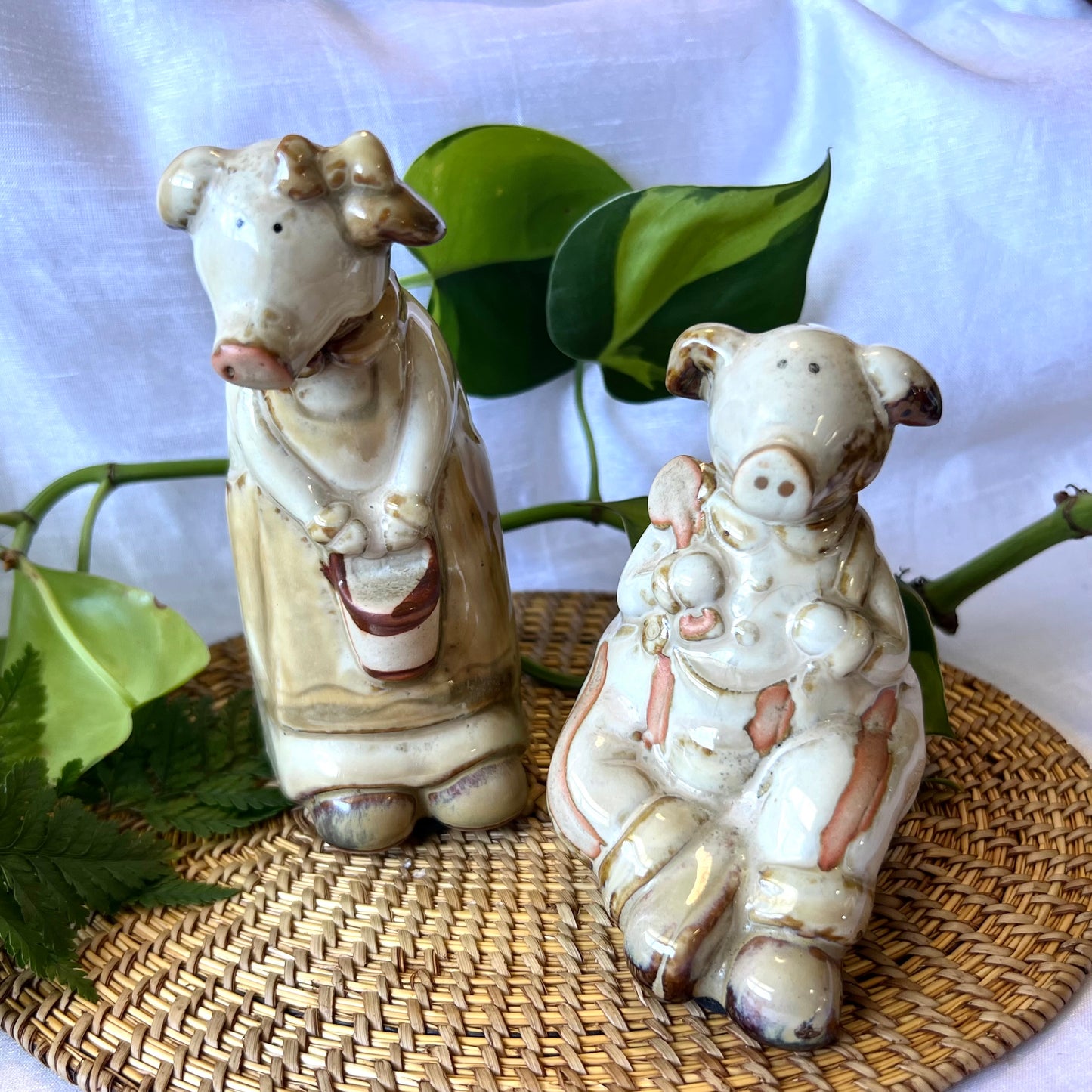 Ceramic anthropomorphic Pig Duo - Childhood Sandpit Play Scene