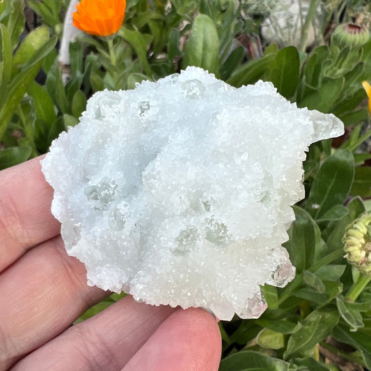 Green Octahedral Fluorite Specimen coated in Clear Quartz Druzy blanket - Fujian, China