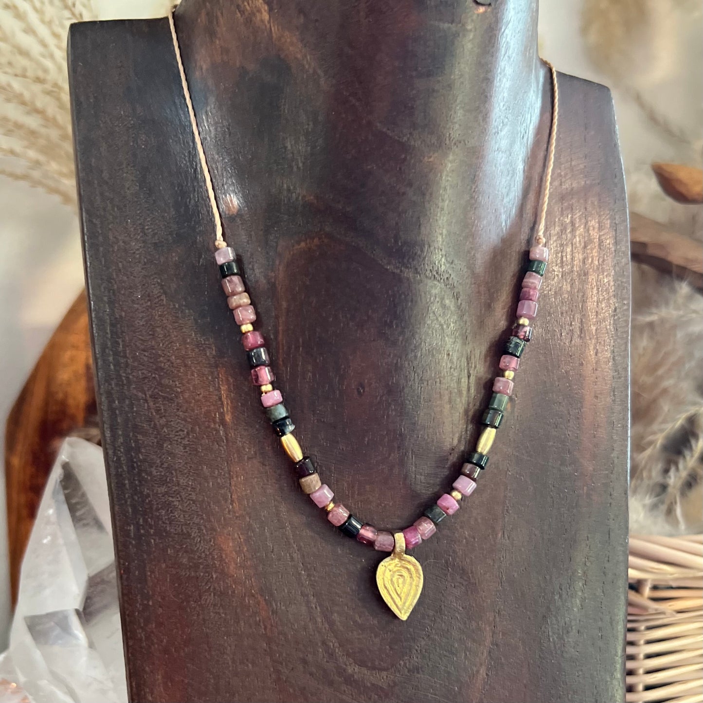 Black and Pink Tourmaline with Brass charm Crystal Necklace