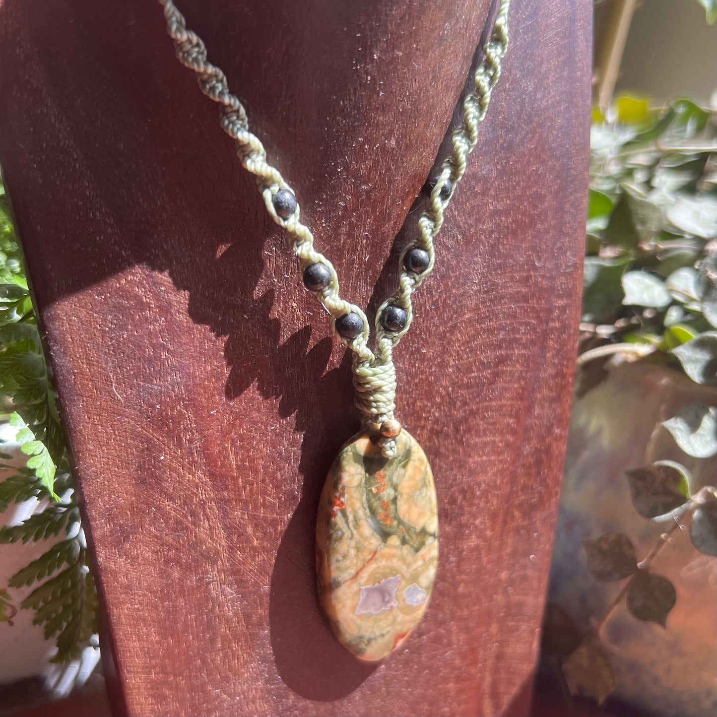 Rainforest Rhyolite Macrame Crystal Necklace