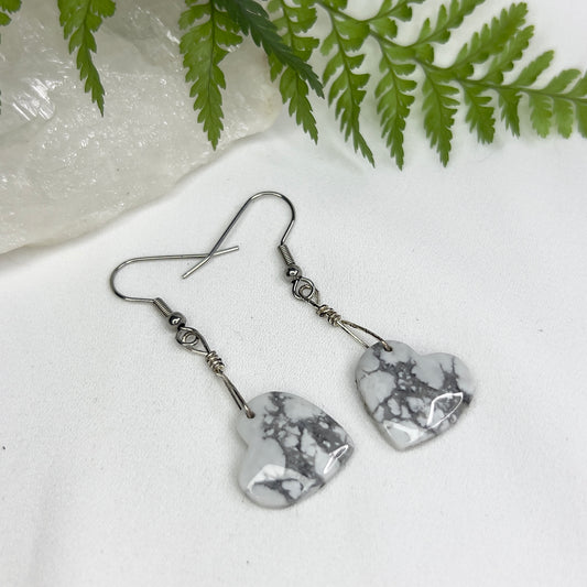 White Howlite Heart Crystal Earrings: Patience ∙ Quiet the Mind ∙ Soothes Stress