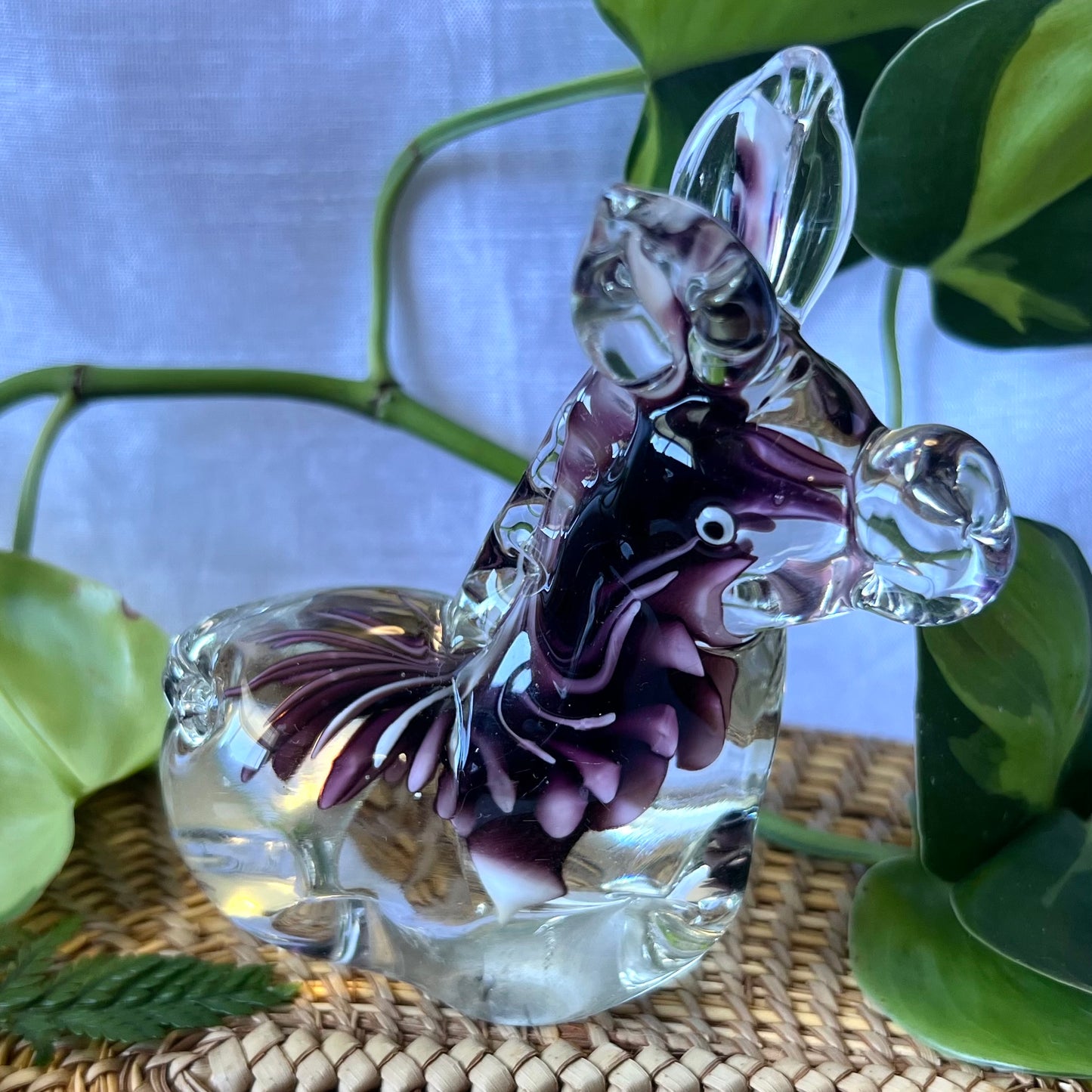 Murano Style Art Blown Glass Donkey / Zebra - Purple/White