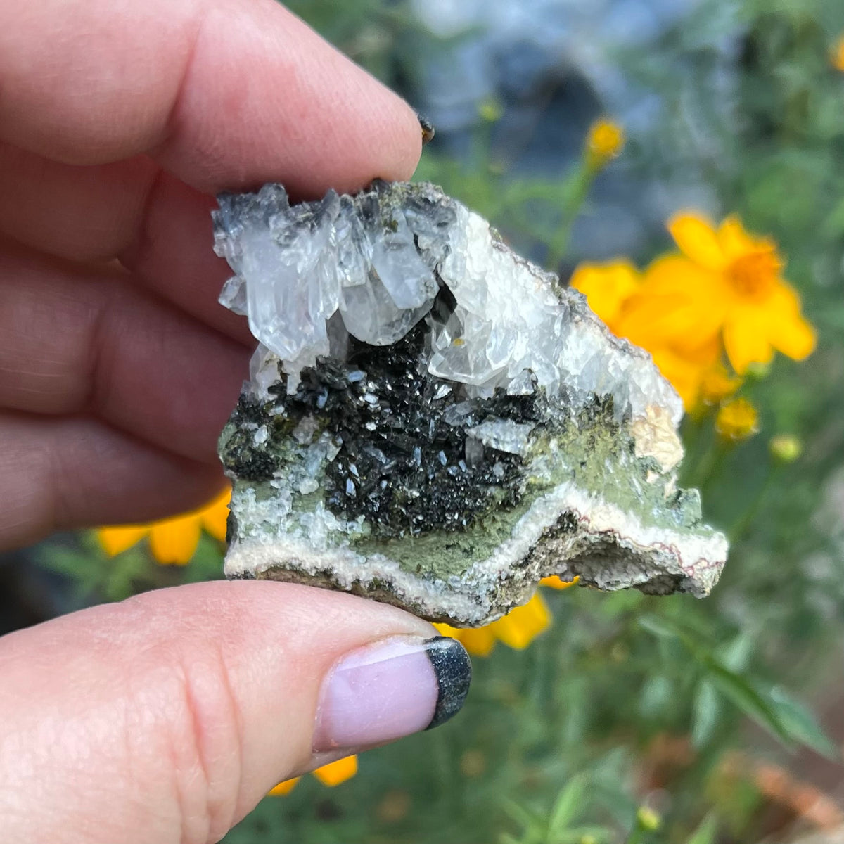 Dark green to nearly black needles of epidole between Quartz points inside matrix