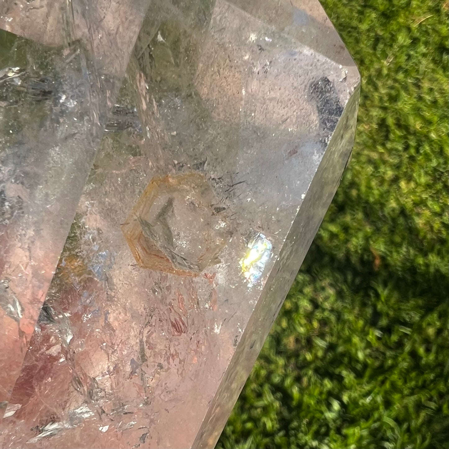 Quartz Penetrator specimen with natural iron staining surrounding- Clear Hyaline Quartz Brazil