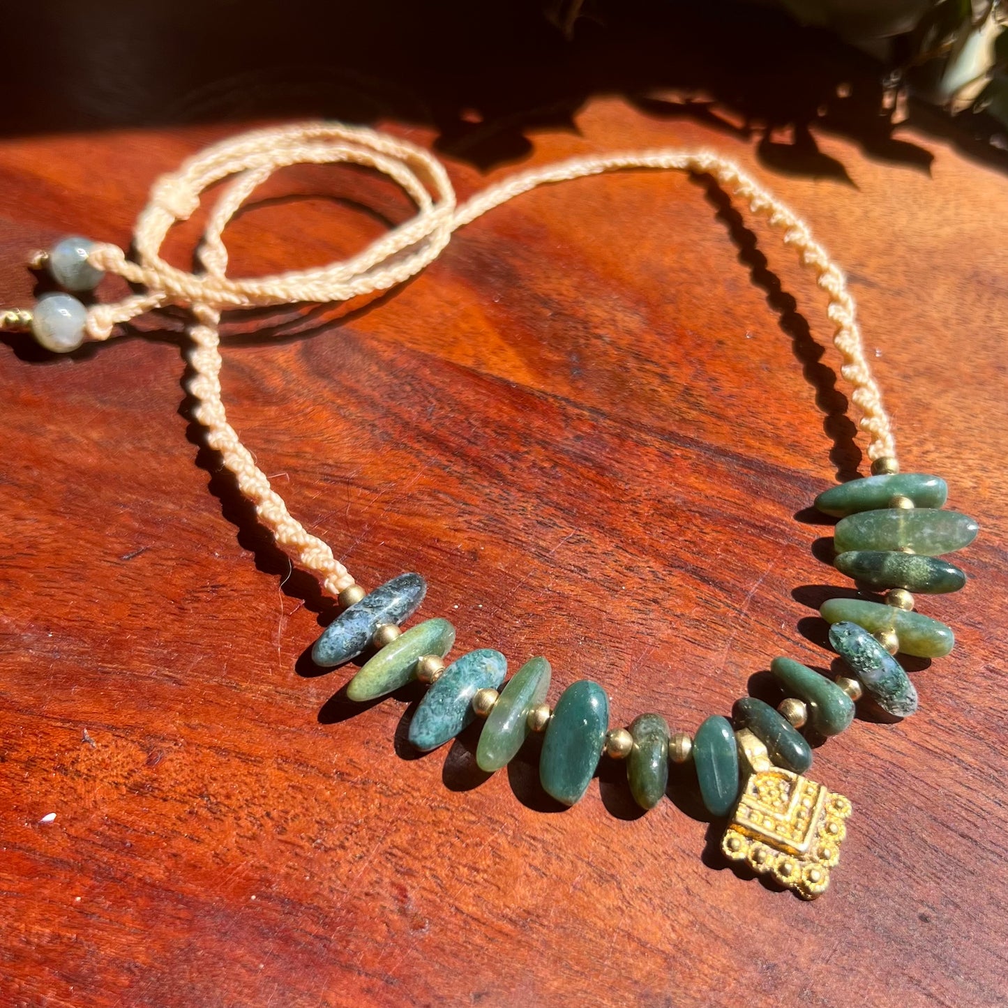 Moss Agate & Brass Boho Crystal Macrame Necklace