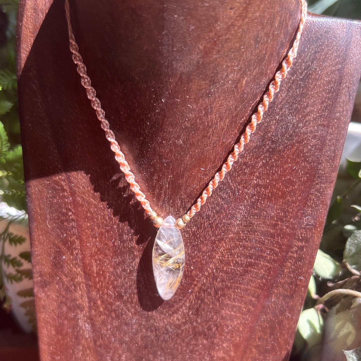 Gold Rutilated Quartz with Brass Petite Macrame Crystal Necklace