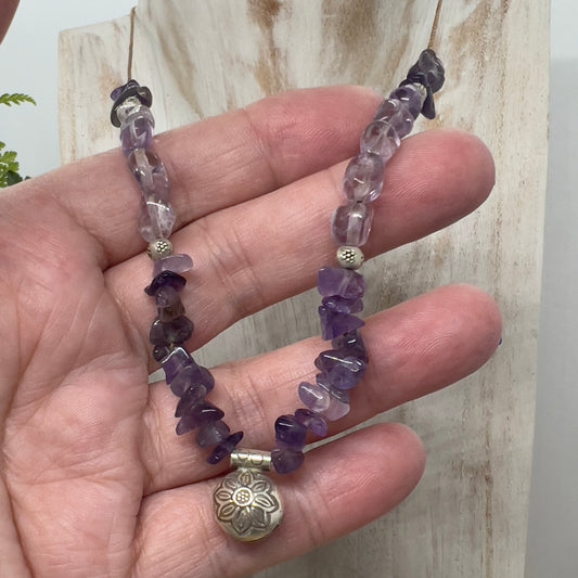 Amethyst with Hill Tribe Sterling Silver Bell Crystal Necklace