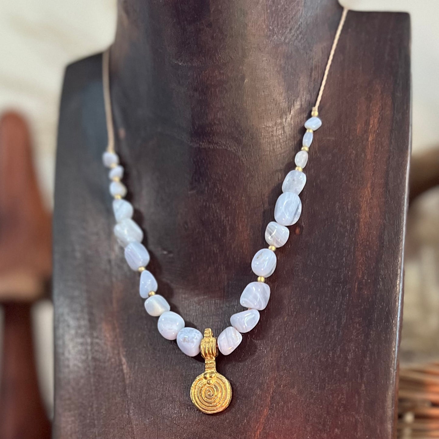 Blue Lace Agate & Brass Spiral of Life Crystal Layer Necklace