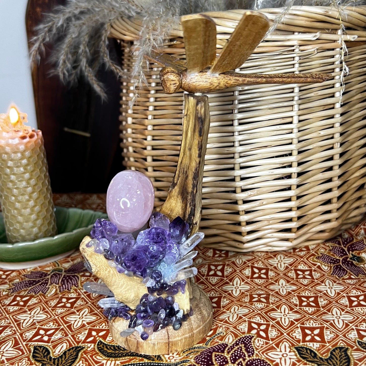 Bespoke Crystal & Natural Wood Golden Winged Dragonfly Display - Amethyst | Quartz | Rose Quartz