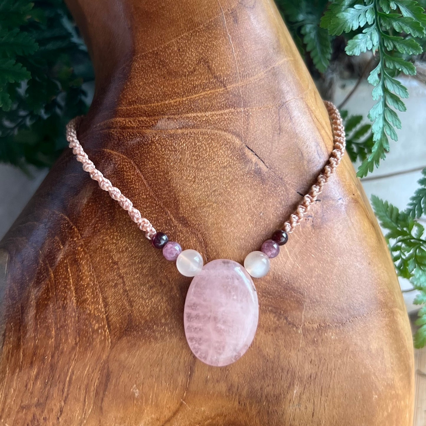 Morganite, Sunstone, Lepidote & Garnet Petite macrame Crystal Necklace