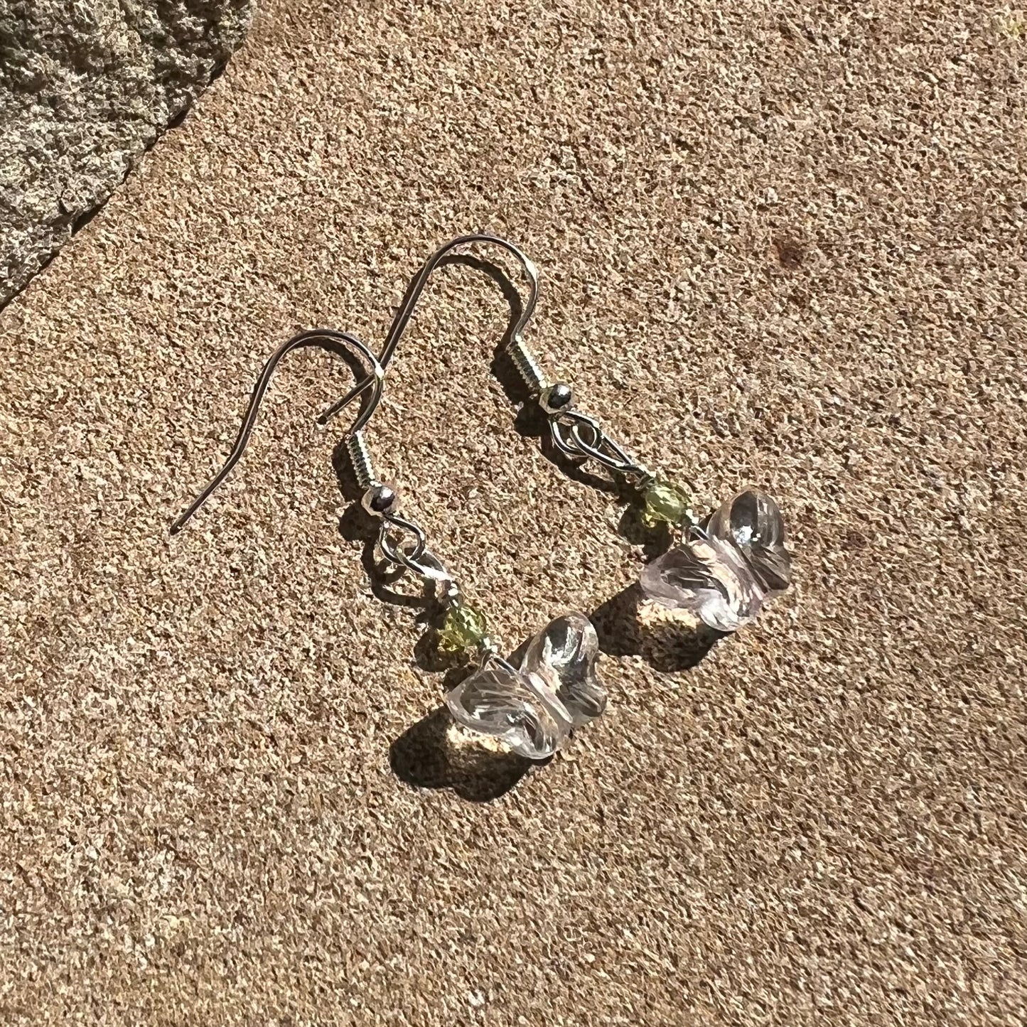 Clear Quartz Butterfly and Peridot Earrings