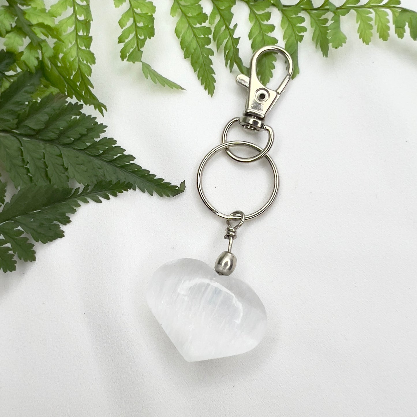Selenite Satin Spar Heart Crystal Macrame Keyring Charm
