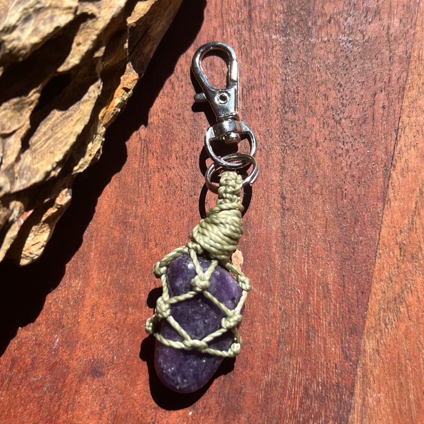 Lepidolite Crystal Macrame Keyring Charm | Pet Collar Charm