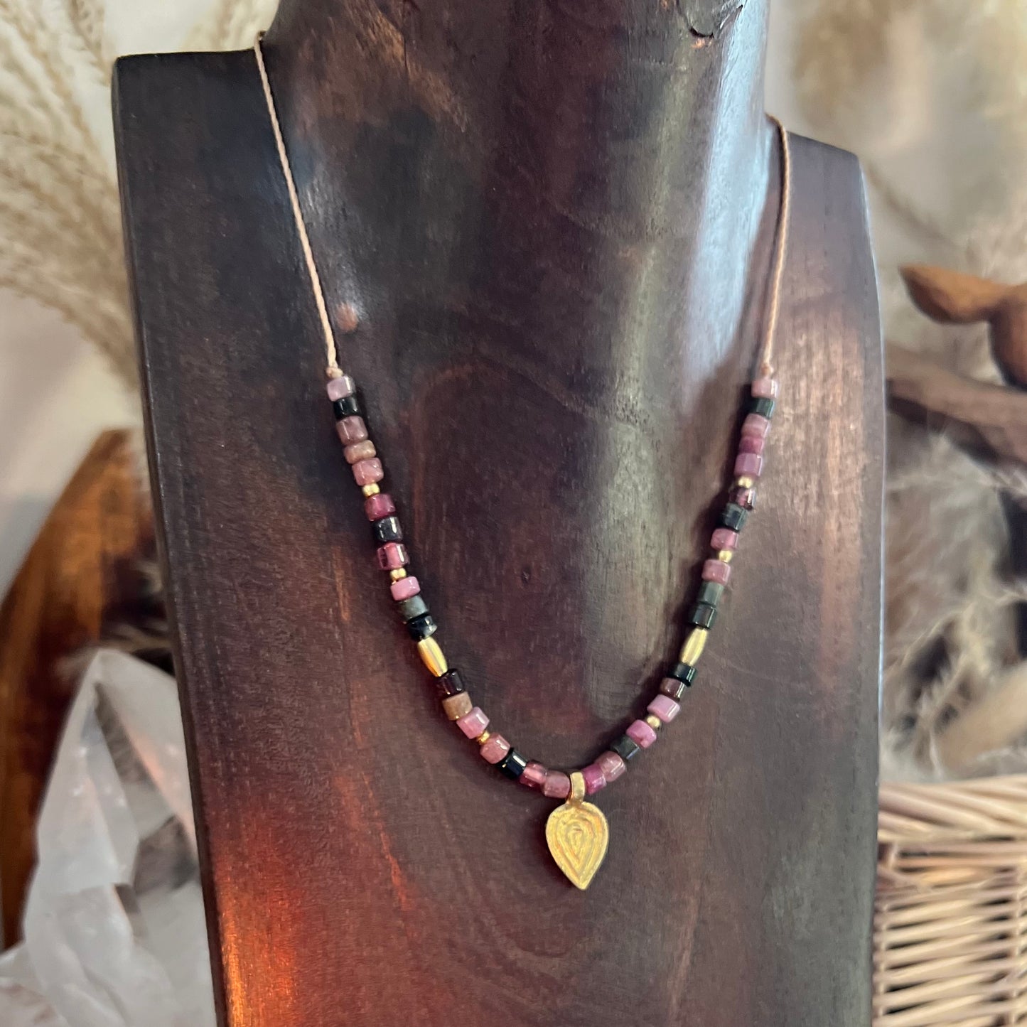 Black and Pink Tourmaline with Brass charm Crystal Necklace