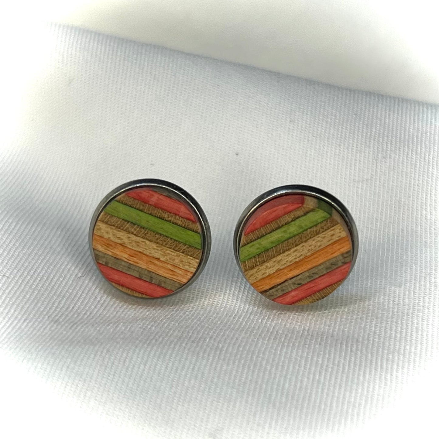 Upcycled Skateboard Timber Stud Earrings | Red•Green•Orange•Grey•Wood | by Addy’s Earrings
